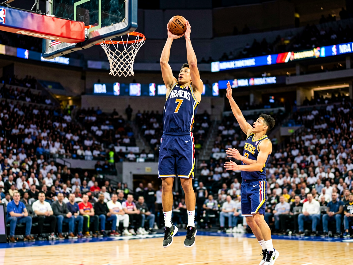 NBA篮球比赛中球员在三分线外完成高难度跳投，篮下球员准备抢篮板