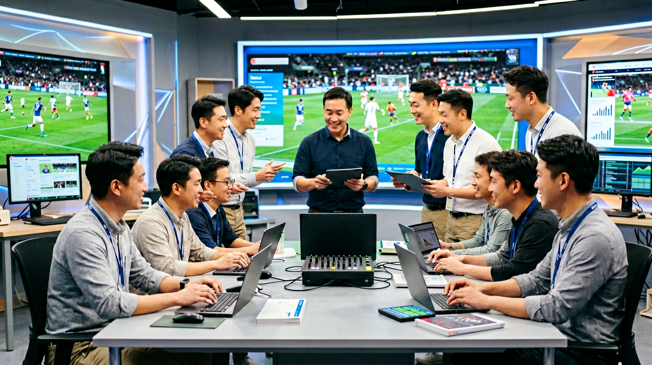 必一运动编辑团队在演播室内进行体育赛事内容制作和新闻采编工作